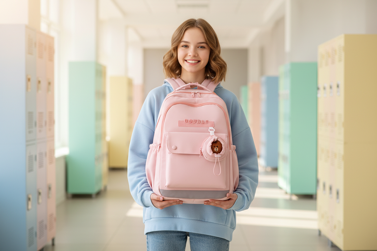 Bannière fille avec sac rose exact